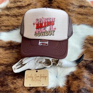Brown and White Trucker Hat with Santa Print